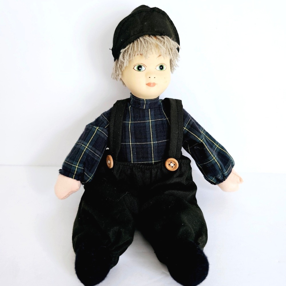 Vintage Weighted Boy Doll Plaid Shirt Black Overalls Cap Shelf Sitter Decor 9.5"
